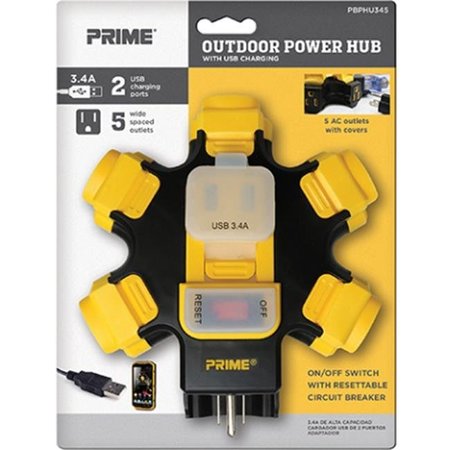 PRIME WIRE & CABLE Prime Wire PBPHU345 5-Outlet Power Hub with 2-Port 3.4AMP USB Charger PBPHU345